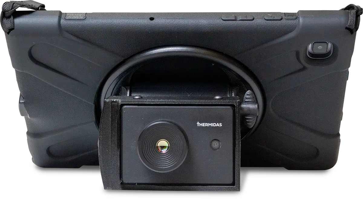Thermidas IRT-384 thermal imaging system including a tablet device connected to a compact thermal camera